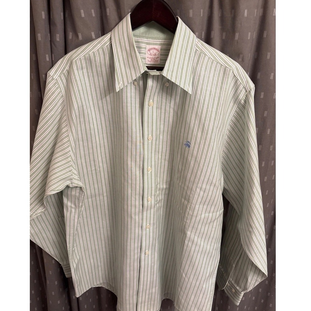 Brooks Brothers Mens L Traditional Fit No Iron Supima Cotton Striped Shirt Green